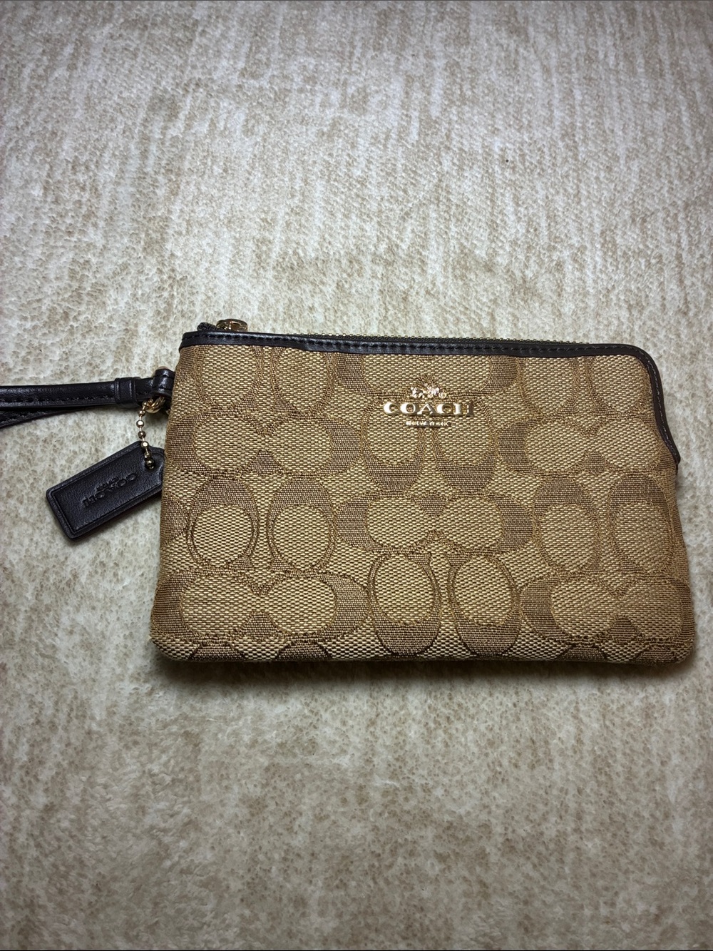 Coach Tan/Brown‎ Signature Canvas Wristlet with Leather Trim